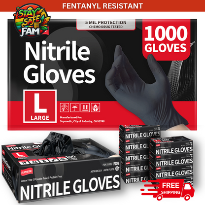 5 mil Fentanyl Resistant Gloves | Disposable Black Nitrile Exam Gloves | Case of 1000 Pcs | FREE SHIPPING