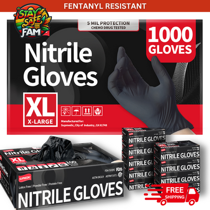 5 mil Fentanyl Resistant Gloves | Disposable Black Nitrile Exam Gloves | Case of 1000 Pcs | FREE SHIPPING